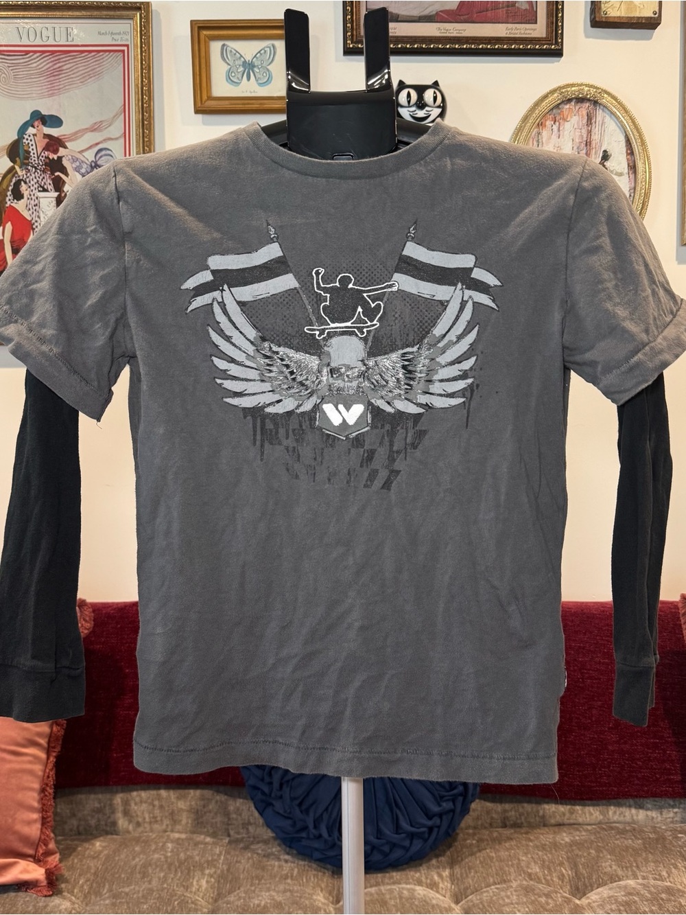 Boy’s Gray Y2K Graphic Long-Sleeve Layered Shirt